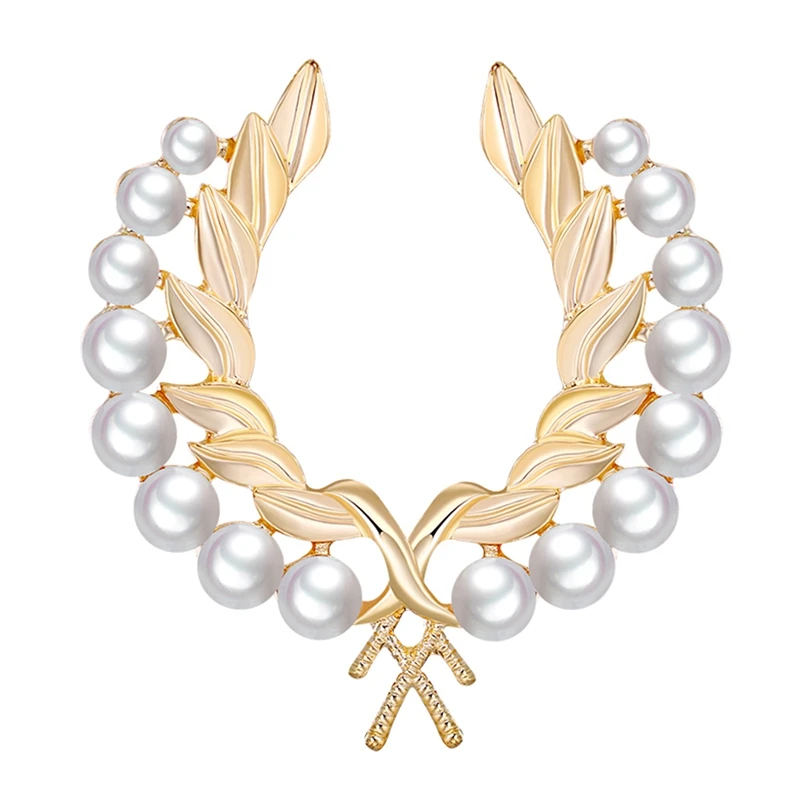 New Wheat Ear Pearl Wreath Brooch For Women Baroque Trendy Elegant Circle Leaf Brooch Pins Party Wedding Gifts