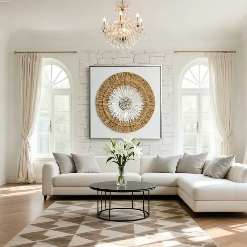 Art Deco Handmade Raffia Grass 3D Square Wall Art with Aluminum Alloy Frame Wall Decor for Living Room