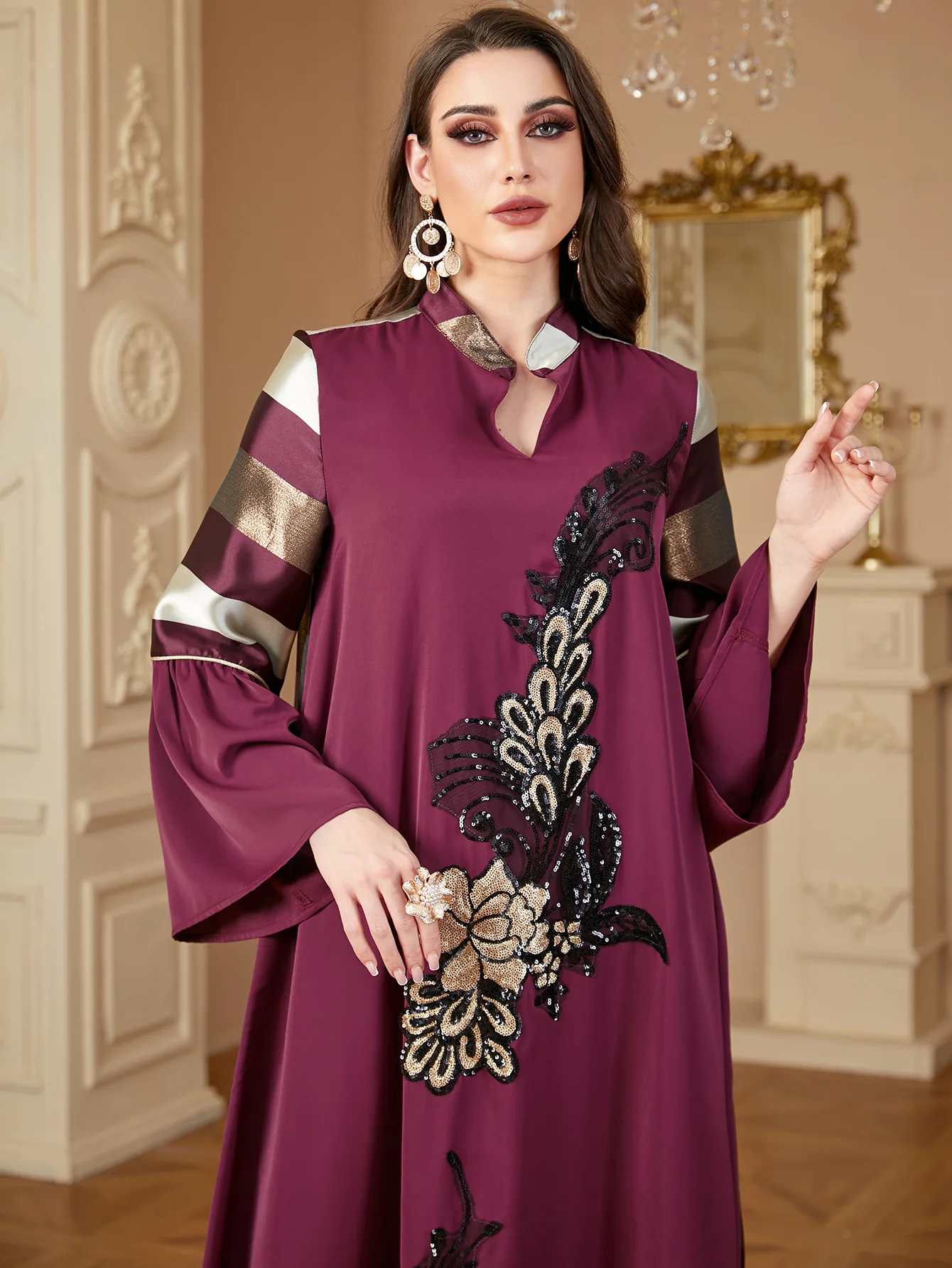 Eid Abayas Ramadan Pailletten Streifen Stickerei Muslimischen Kleid für Frauen Djellaba Türkei Kaftan Kaftan Marocain Jalabiya Islam Robe