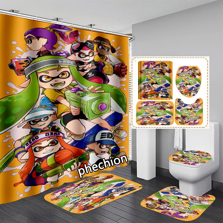 phechion New 3D Print Cartoon Splatoon Shower Curtain Waterproof Bathroom Curtain Anti-slip Bath Mat Set Toilet Rugs VR248