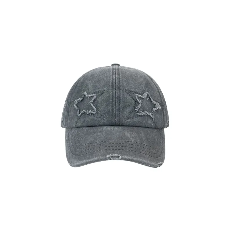 Five-pointed Star Retro Ripped Baseball Cap For Women For Match Big Head Circumference Showing Face Small Denim Peaked Cap