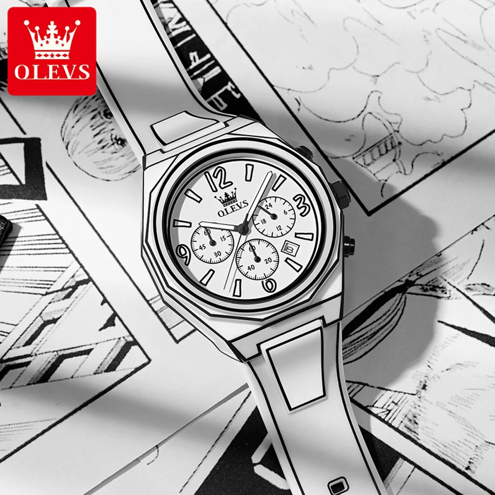 OLEVS Comic style Man\'s Watches Sketch White Modern Minimalist Multifunctional Creative Quartz Wrist Watch For Man Waterproof