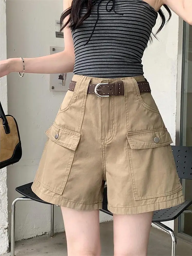 

American Style Khaki Workwear Jeans Women Summer New High Waist Loose A-Line Wide Leg Casual Shorts Trendy Commute Style