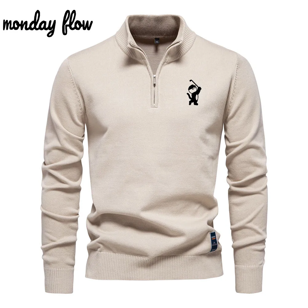 Monday Flow Winter Velvet Half Zipper Stand-up Collar Golf Pullover Solid Color Casual Golf Sweater Men's Trend Golf Jackets