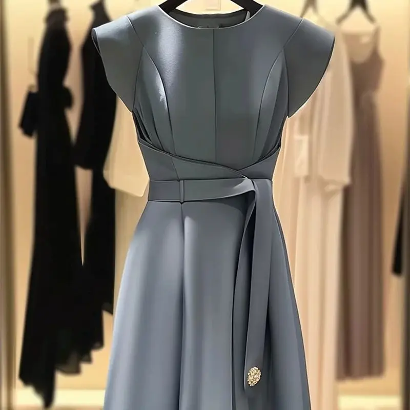 Summer New Women\'s Elegant Celebrity Midi Dress Office Lady Solid High Waist A-Line Party Vestidos Female Belt Formal Dress