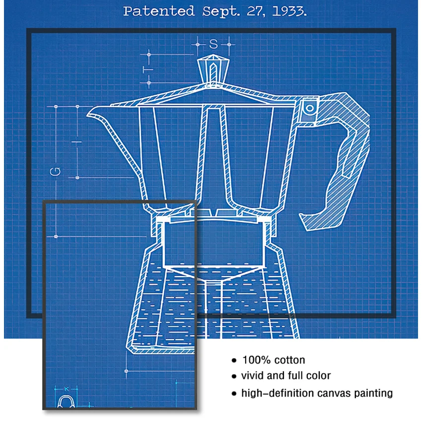 ملصقات ومطبوعات لبراءة اختراع إبريق القهوة ، لوحة قماشية للصور ، ديكور فني لجدران المطبخ ، ملصق بياليتي موكا ، مخطط