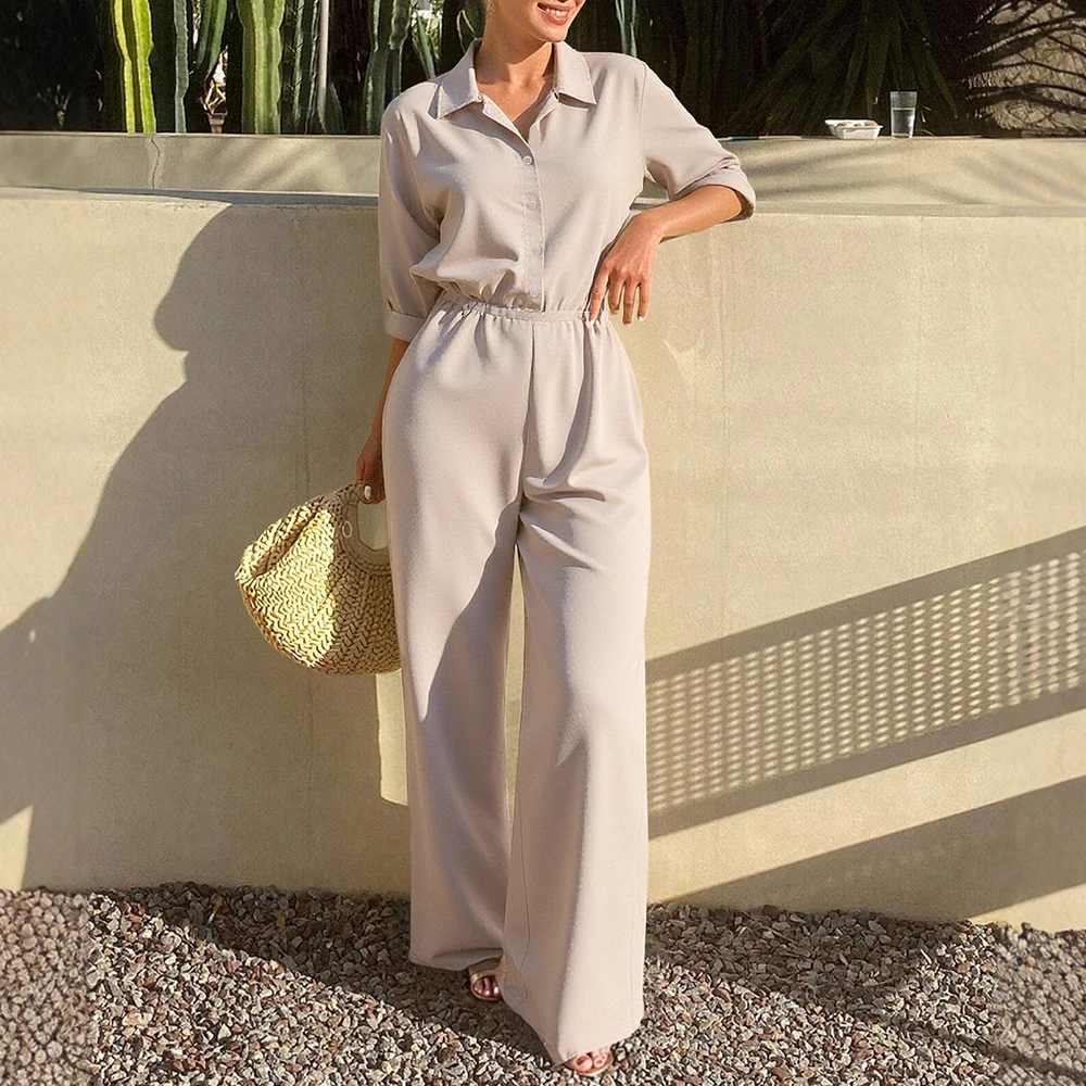 

Mia Muse Boutique женские комбинезоны осень-зима приличные простые однобортные комбинезоны с короткими рукавами и воротником рубашки полная длина