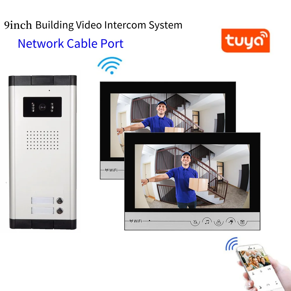 Newwork Cable Port Apartment WIFI Video Doorbell For 2-6 Units 9 inchTuya Building Video Intercom Doorphone Access Kits