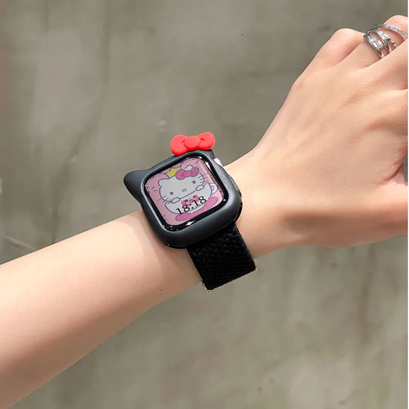 Hello Kitty Apple Watch Strap Anime Sanrio Silicone Case Cartoon Nylon Weaving Watch Band Silicone Protective Cover Accessory