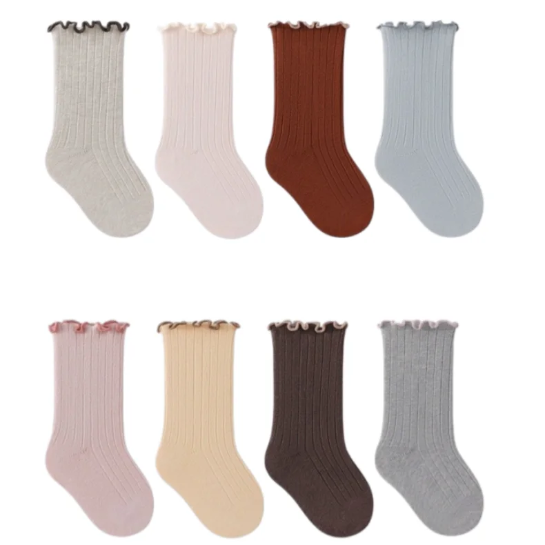 Spring & Autumn Kids Mid Calf Socks Ruffle Cotton Soft Breathable Kids Socks Antibacterial for 0-8Y Boys and Girls