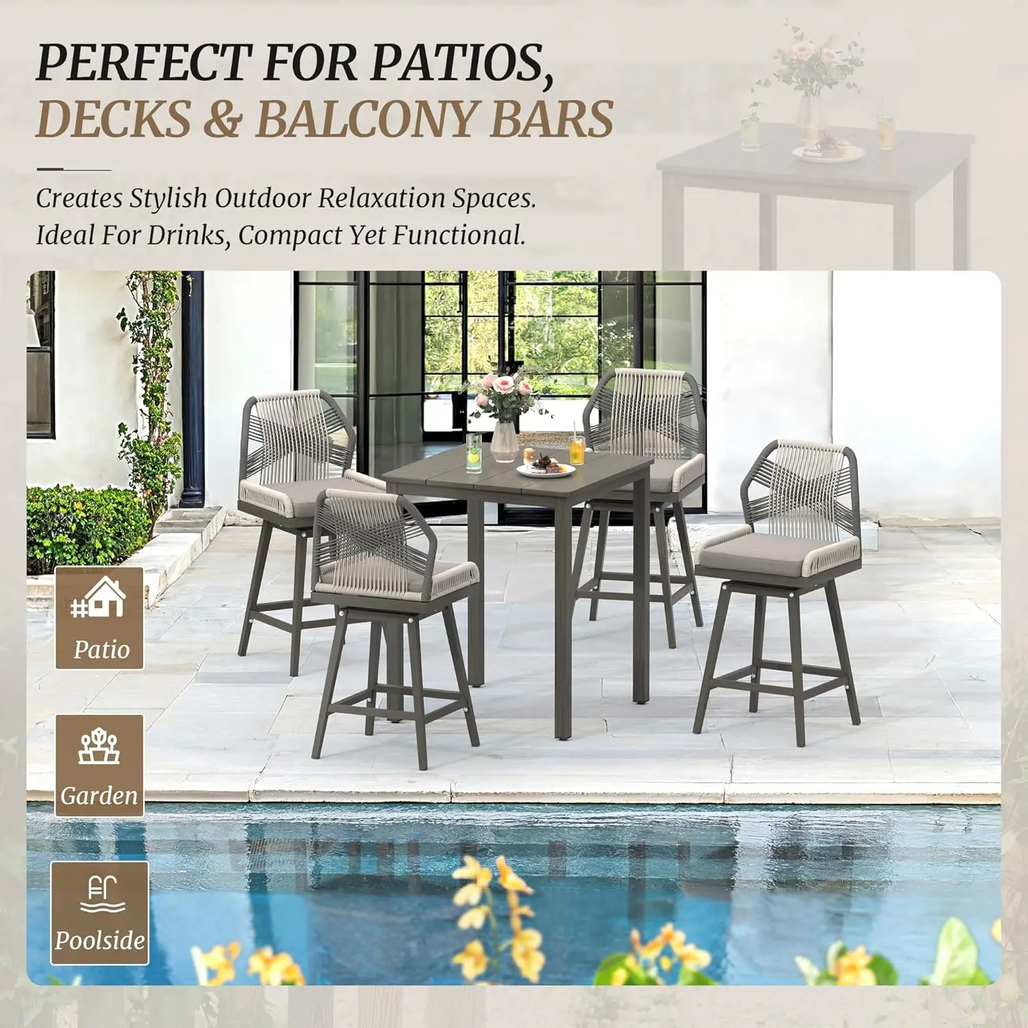 طاولة بار خارجية مربعة مقاس 32 بوصة، مقاومة للماء والطقس، رمادي - فناء، شرفة، للاستخدام الداخلي/الخارجي #6