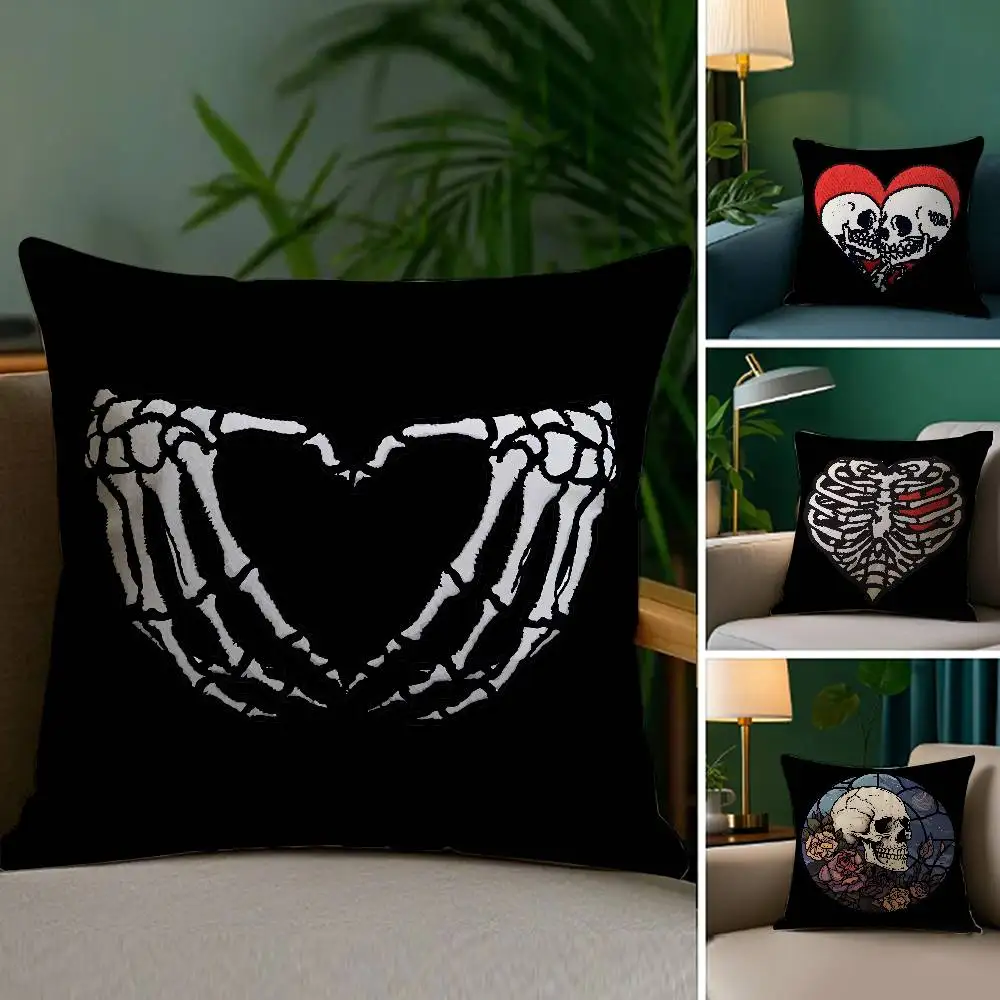 Cooler Kissenbezug mit Totenkopf-Herz, Plüschstoff, weich, doppelseitig bedruckt, Sofa-Kissenbezug, Überwurf-Kissenbezüge
