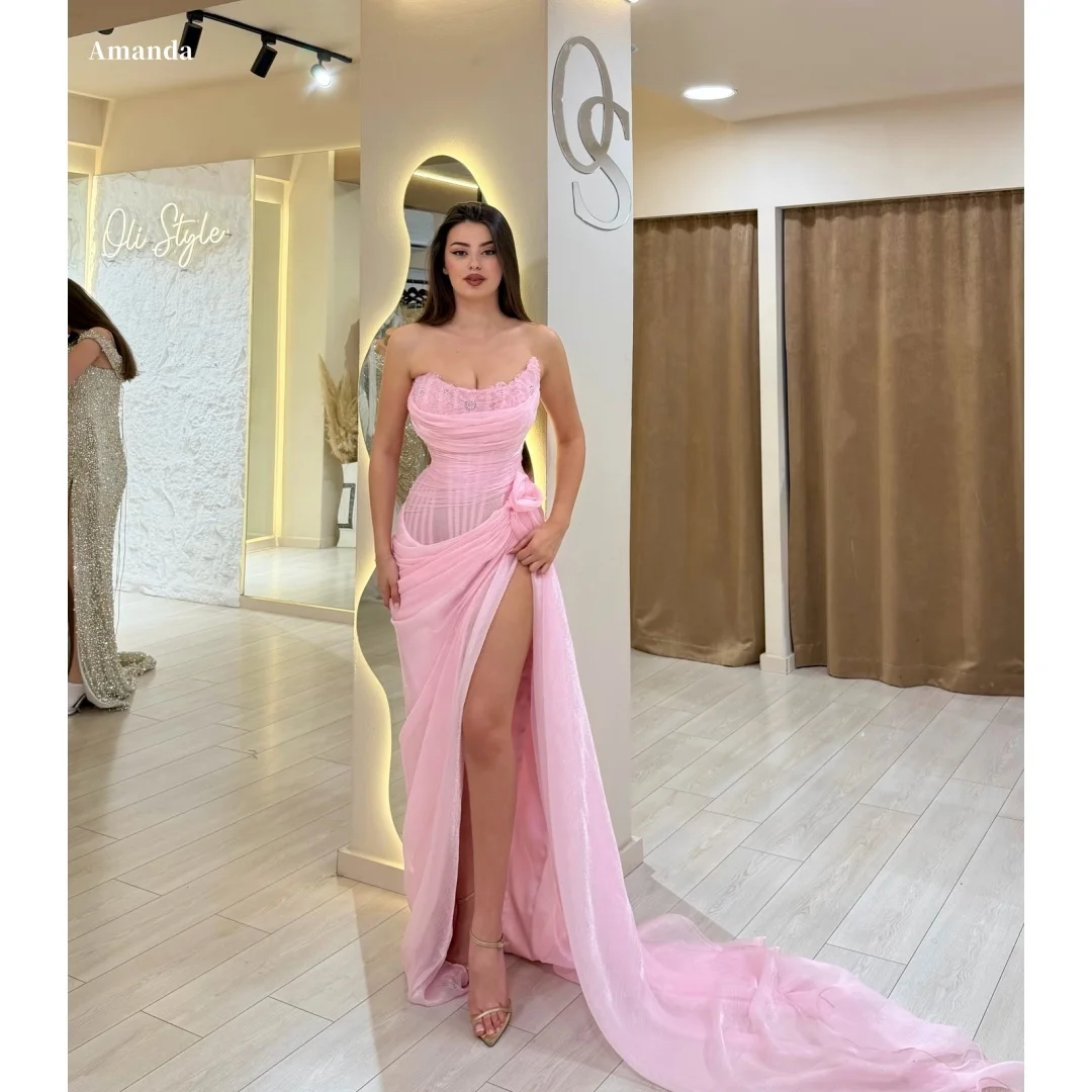 

Amanda Customized Pink Strapless Lace Corset Draped Chiffon High Slit Mermaid Prom Dress Formal Evening vestidos de noche 2026