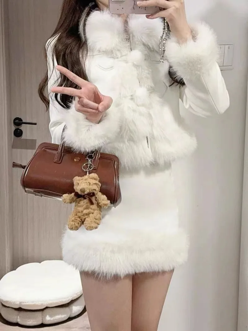 Temperament Plush Splice Coat Skirt Two-piece Set Women Fashion Suede Soft Glutinous Sweet Gentle Solid Warm Thick Winter Suit