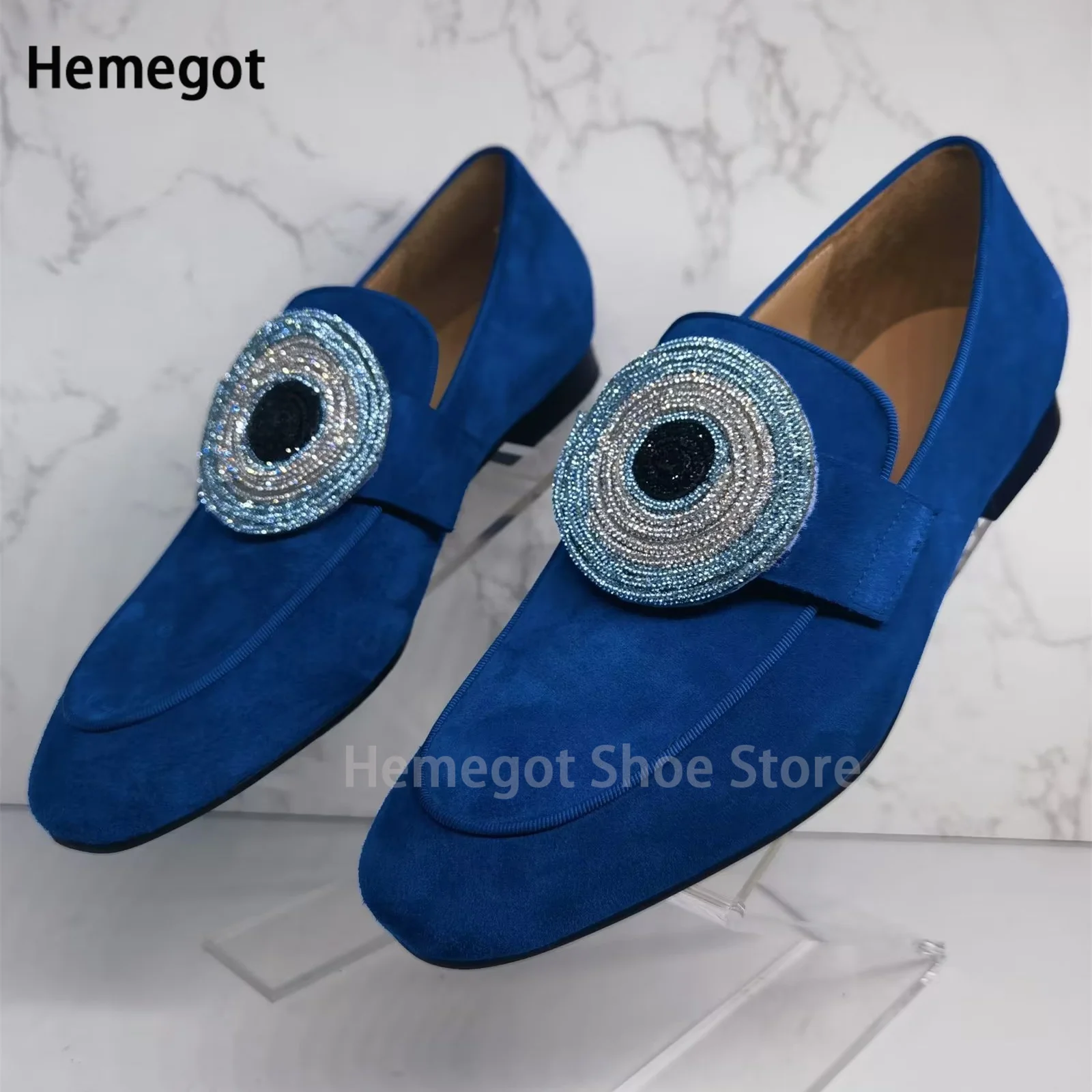 Men Blue Suede Detachable Decoration Loafers Genuine Leather Men Casual Spring Single Shoes Office Business Dress Wedding Shoes