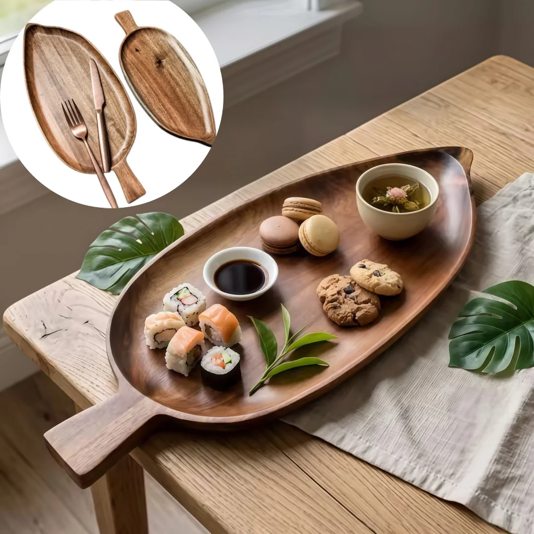 Leaf-Shaped Wood Tea Tray Japanese Style High-Looking Wooden Plate for Afternoon Tea Snacks Sushi Serving Dining Accessor