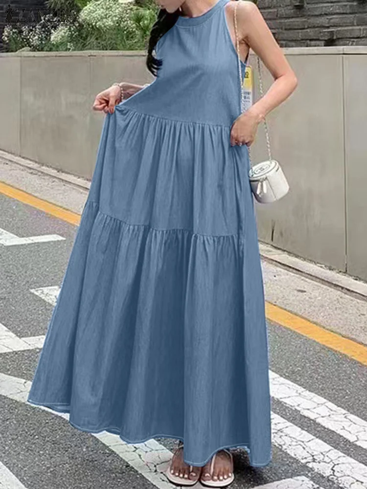 ZANZEA Faux Denim Loose Casual Maxi Dresses Women Sleeveless Vacation Halter A-line Vestidos Solid 2024 Fashion Tiered Dress