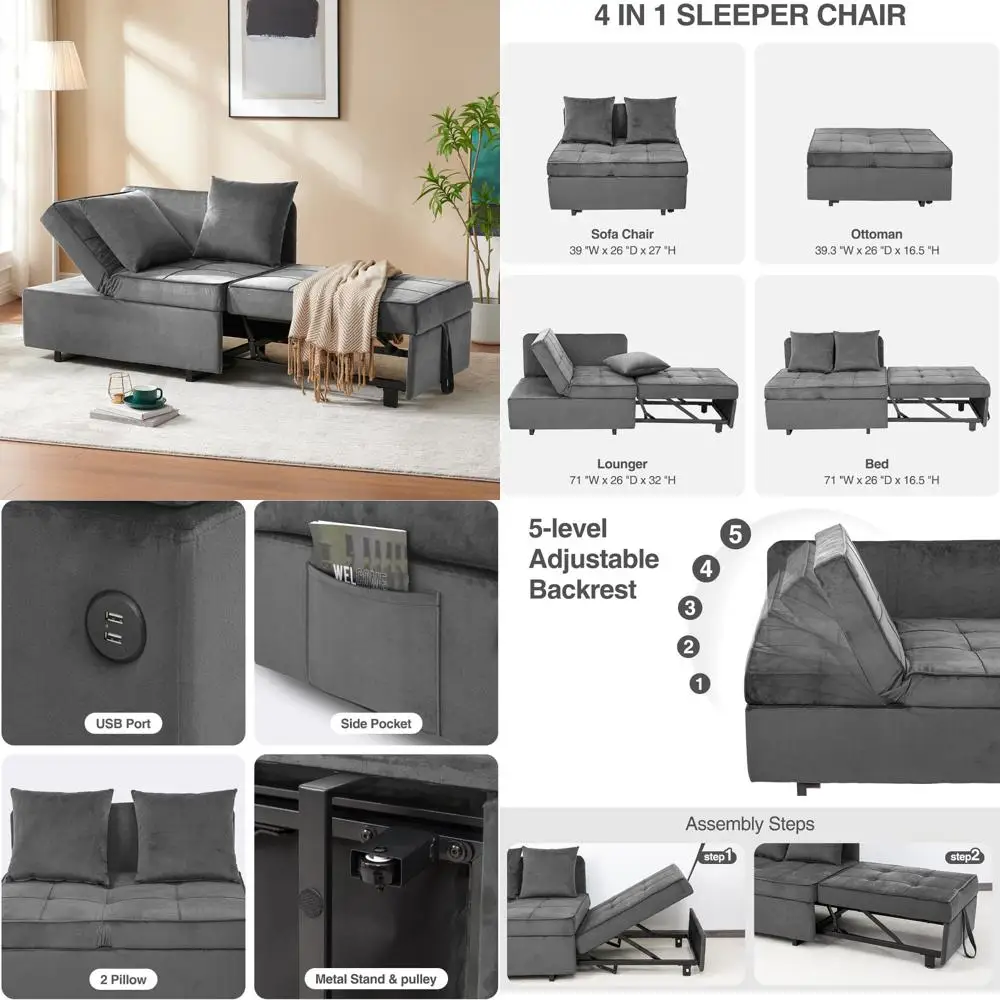 Convertible 4-in-1 Sofa Bed Velvet Loveseat Sleeper Chair with Throw Pillows and Single Recliner for Comfortable Relaxation
