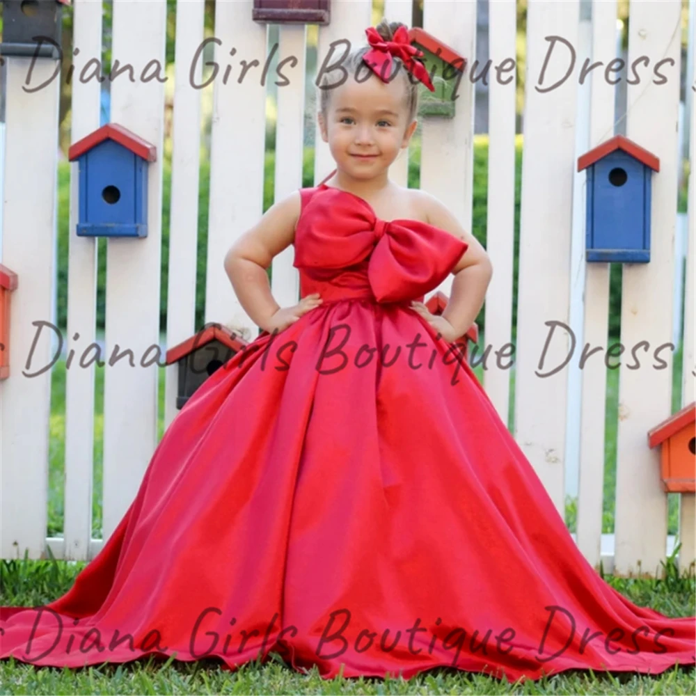 Vestido de niña de flores de Color satinado, vestidos de novia de lujo con plumas de mariposa y lazo de perlas, vestidos de cumpleaños para niños de primera comunión hinchados