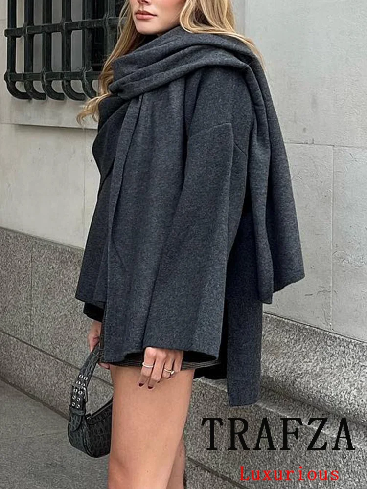 TRAFZA Vintage Casual Chic Knitted Women Solid Coat Asymmetric Scarf Warm Coats New Fashion 2024 Autumn Winter Female Outwears