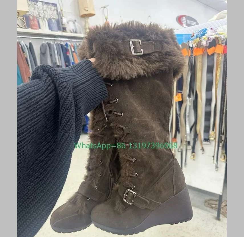 Lady Dark Brown Suede Wedges Heel Vintage Boots Punk Style Retro Buckle Knee Boots Fur Zipper New Arrive Runway Fall Boots Size