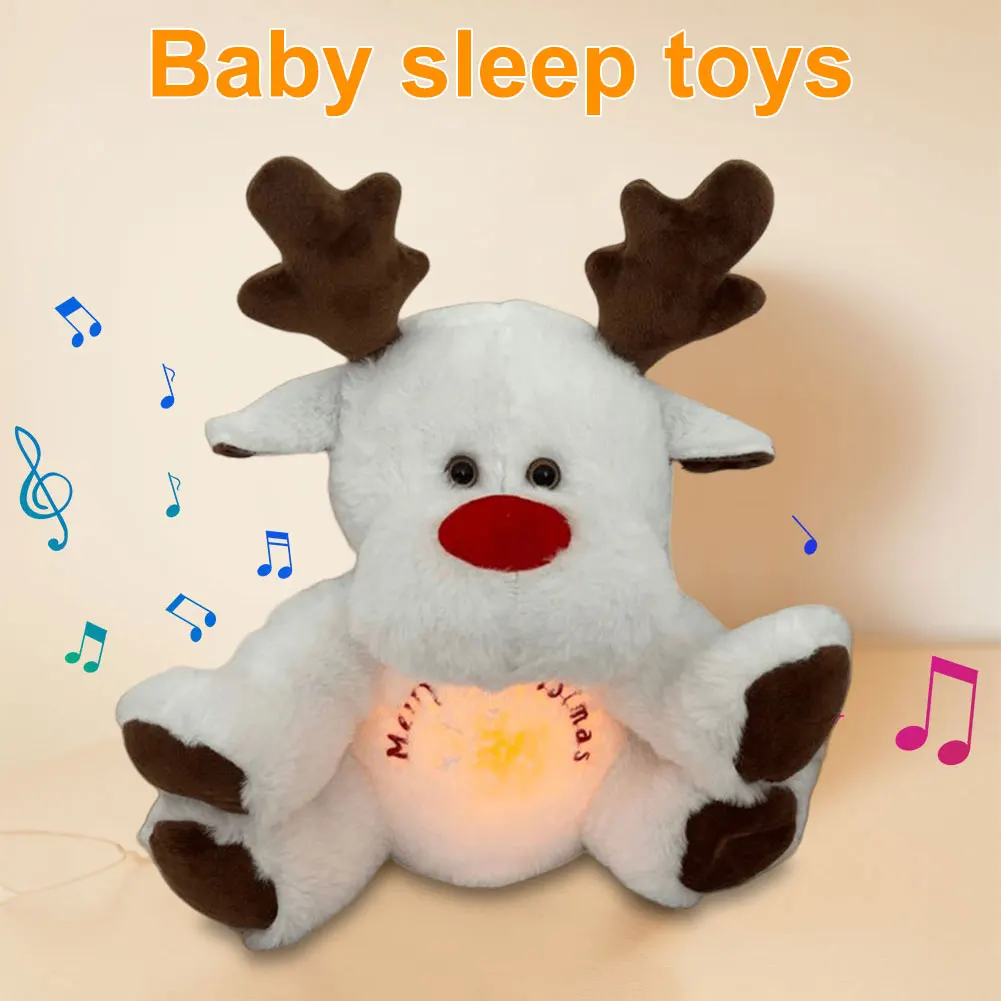 Christmas Elk Plush Stuffed Animal with Music Lights Rhythmic Breathing Motion Baby Sleeping Companion Comfort Doll for Newborns