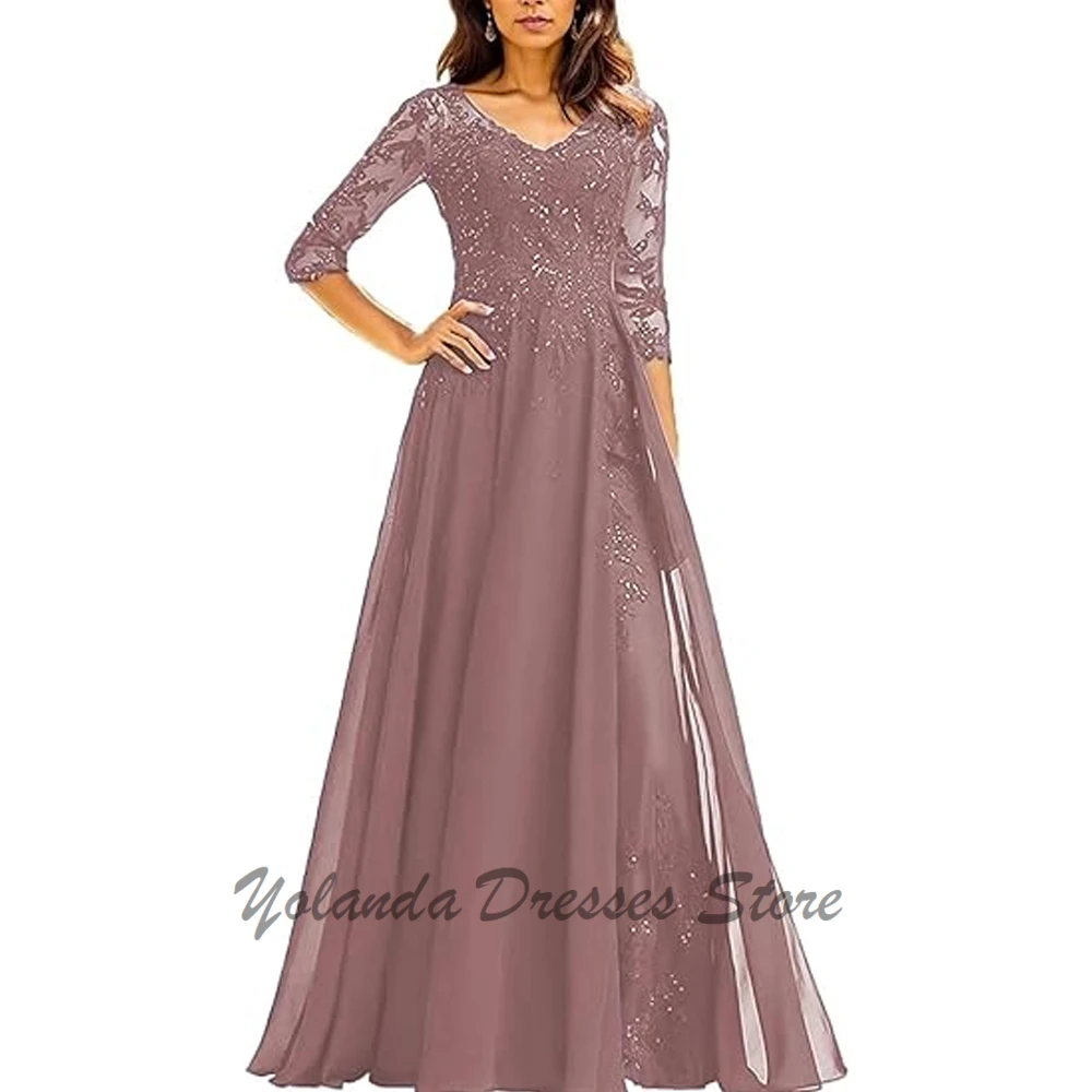 Fashion V Neck Mother of The Bride Dresses 1/2 Sleeves Formal Dress Chiffon Floor Length Appliques Lace Evening Gown Zipper Back