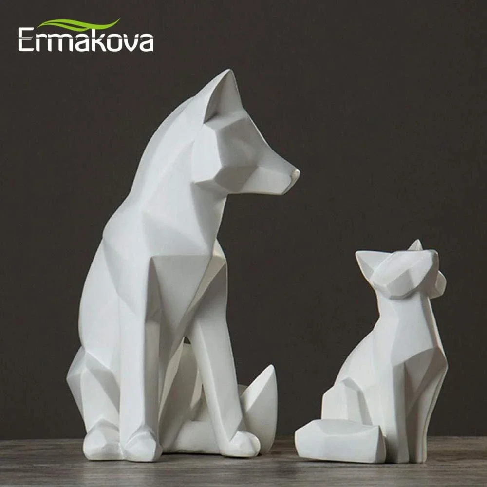 ERMAKOVA Geometric Fox Sculpture Animal Statues Simple White Abstract Ornaments Modern Home Decorations