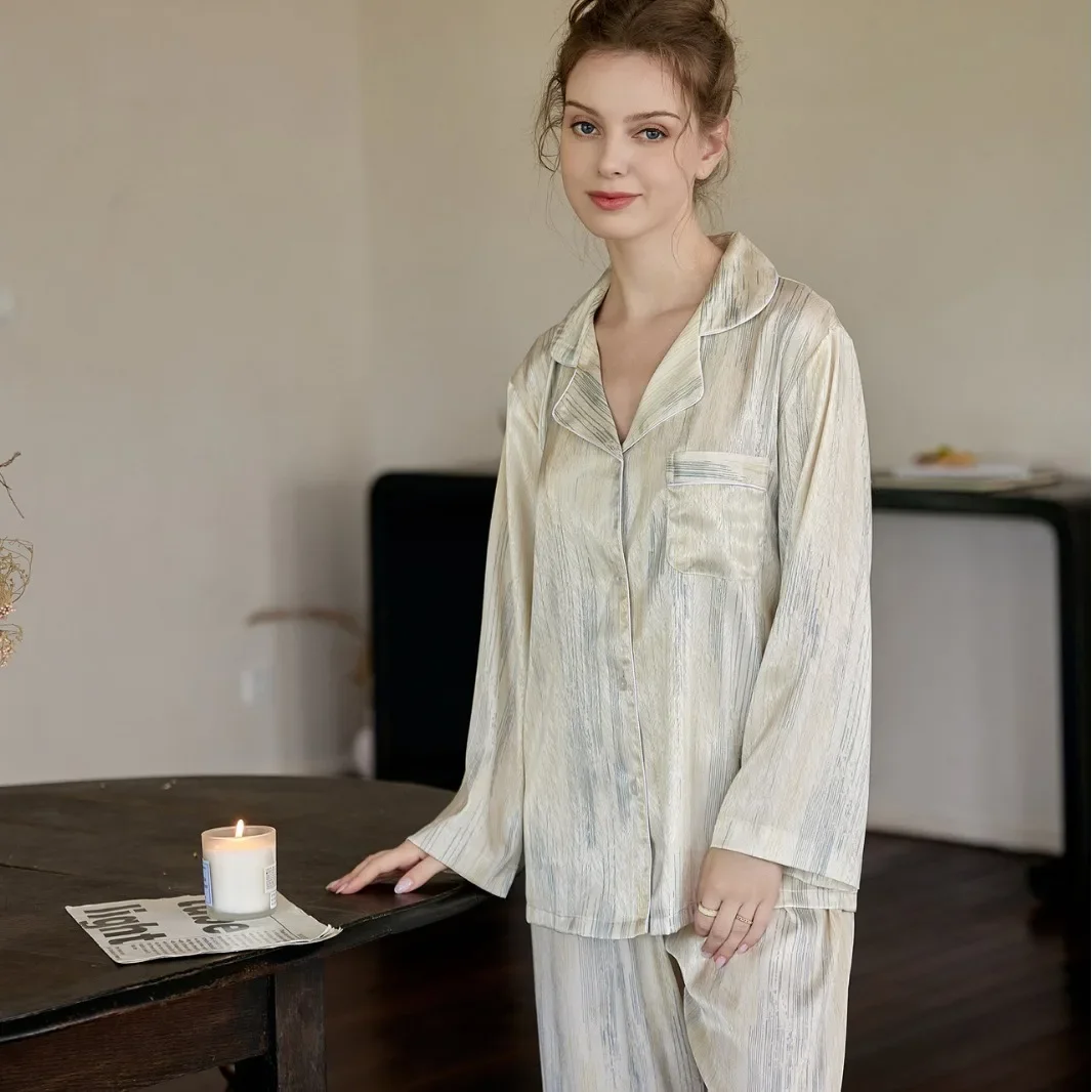 Cool and breathable ice silk pajamas women's long sleeved set women's printed spring thin home clothing pajama set  for women