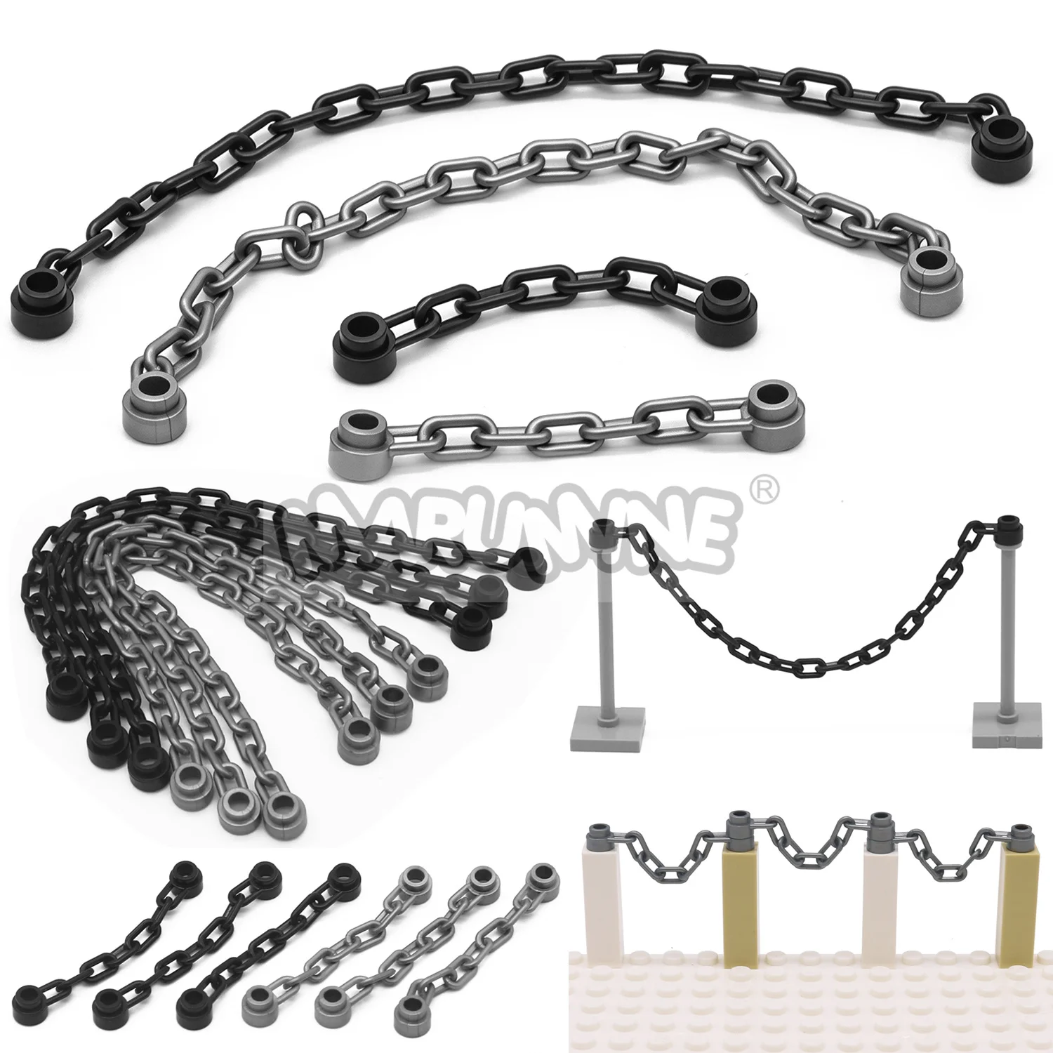 MARUMINE 20PCS 1x16 Iron Chain 21 Links MOC Military Scene Building Blocks Parts Compatible with 30104 92338 Bricks Accessories