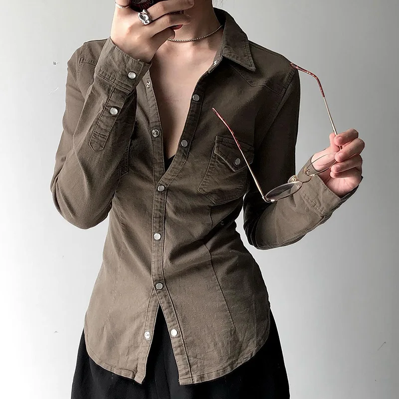 2025 Retro Pleated Lapel Shirt Top Spice Girl Street Slim and Thin Denim Style Long-sleeved Jacket Women