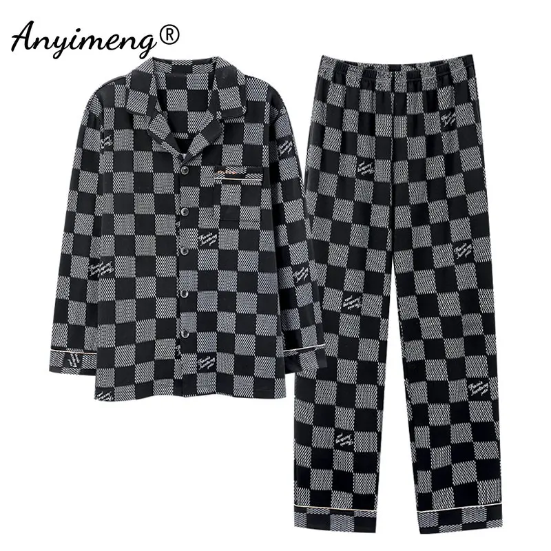 

Plus Size L-4XL Men Knitted Cotton Pajama Sets Long Sleeved Plaid Pijamas Black Nightwear Autumn Cardigan Pyjamas for Gentleman