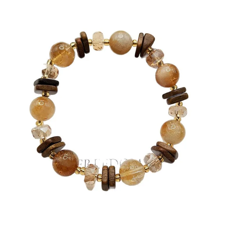 Chinese Style Lucky Fortune Blessing Natural Yellow Citrine 10mm Beads Retro Sandalwood Bracelet For Women Wealth Attract Wrist