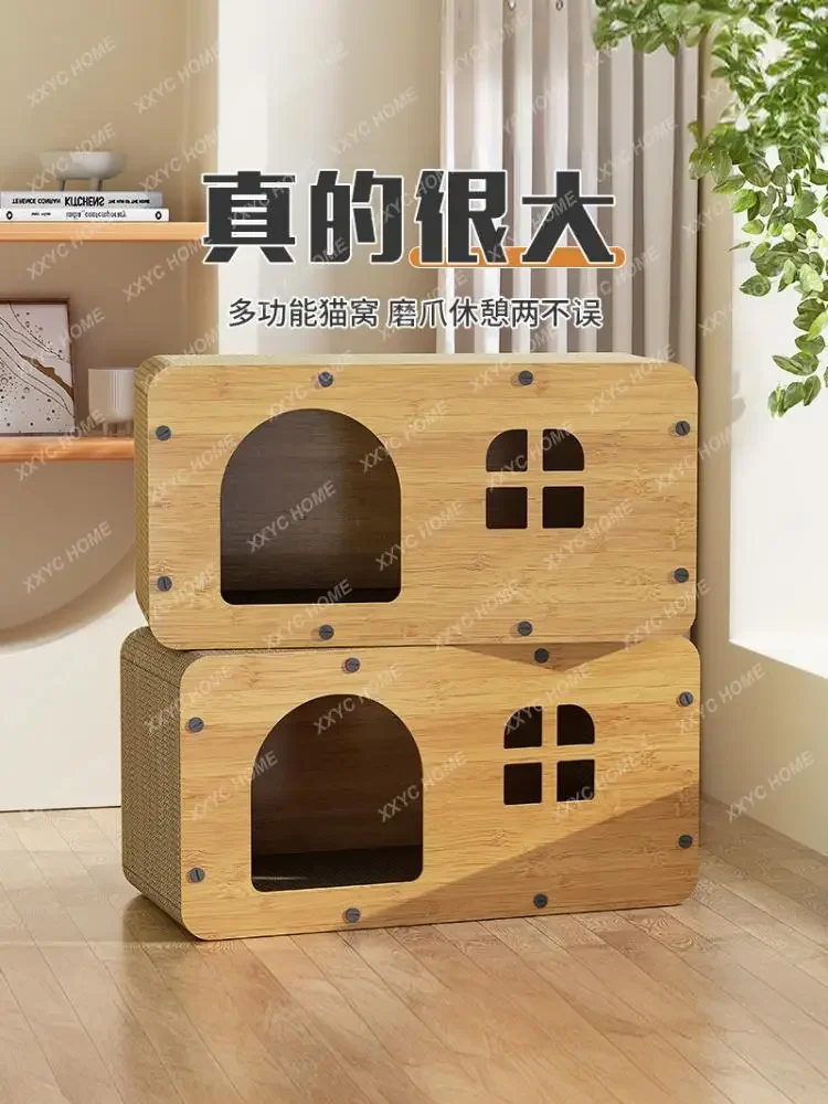 Wooden Cat Litter Cat Scratch Board Integrated Oversized Corrugated Paper Cat House Stackable Cat Villa