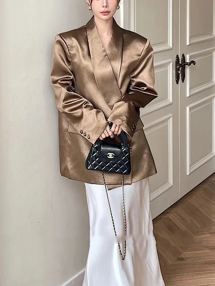 [oein]  Spring Korean Version Satin Silk Smooth Wide Version Suit Loose Shoulder Pad Gold Jacket 2024 Autumn Blazer Fashion