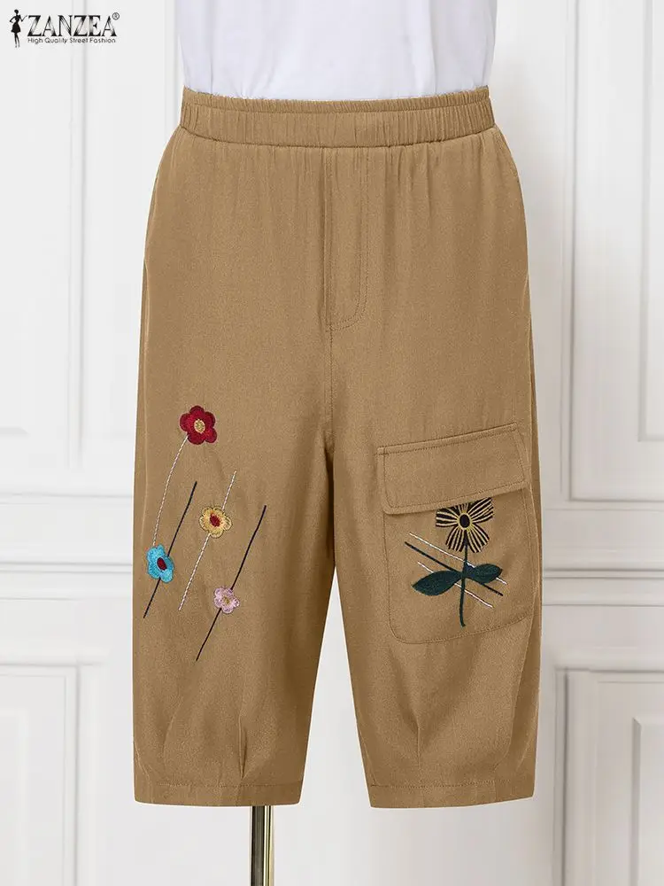 

ZANZEA Korean Style Denim Pants 2025 Women Casual Loose Elastic Waist Pockets Trousers Fashion Floral Printed Bottoms