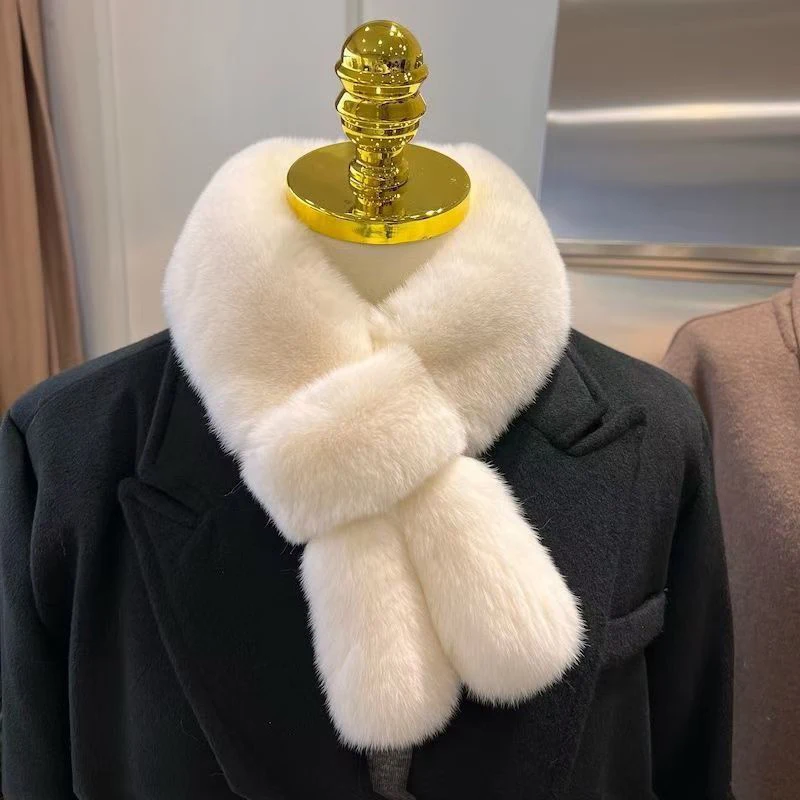 

Women Winter Warm Thicken Cross Collar Scarf Solid Color Faux Rabbit Fur Cold Proof Scarves Fashion Soft Furry Neck Warmer