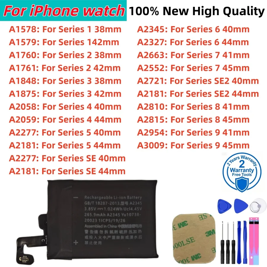 Replacement Battery For iPhone Watch Series 1 2 3 4 5 6 7 8 9 SE SE2 38/40/41/42/44/45mm Lithium Polymer Repair Battery+FreeTool