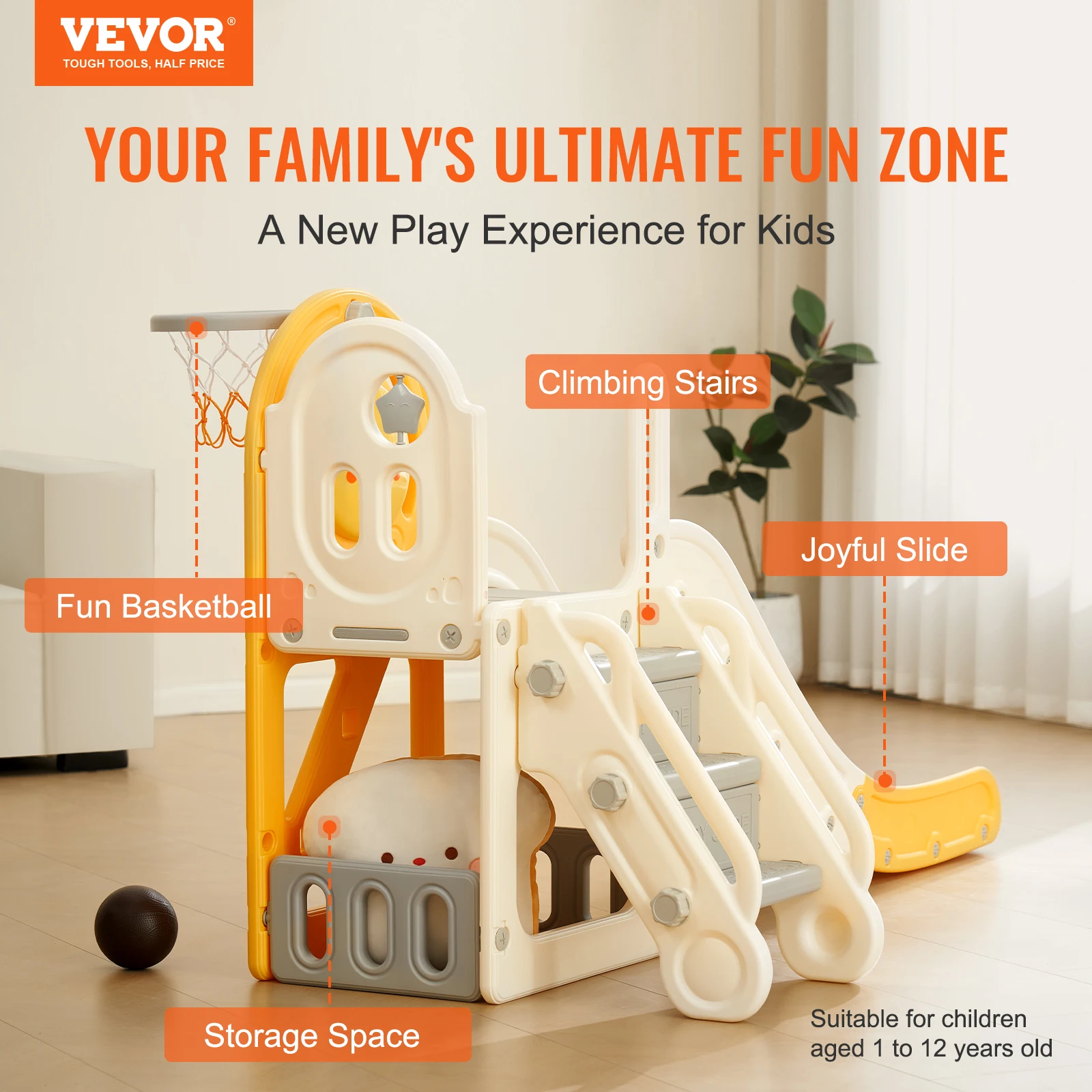 VEVOR Toddler Slide w/Climbable Ladders & Basketball Hoop & Storage Space Indoor Outdoor Slide Playset for Kids Within 110lbs