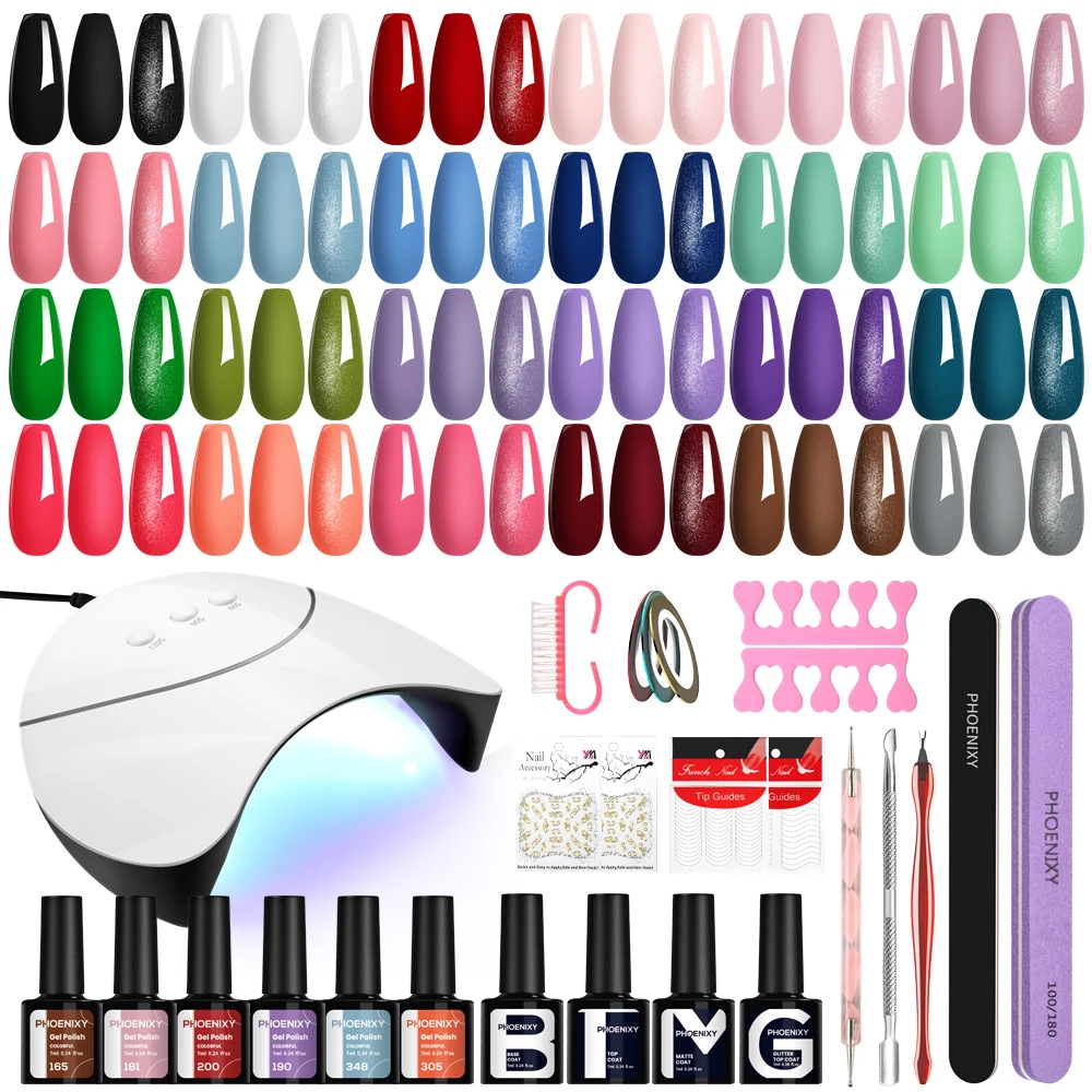 PHOENIXY เจลเล็บชุด UV โคมไฟเล็บ Soak OFF เจลเล็บชุดฐาน Matte Glitter Top Coat เจลเล็บชุดเครื่องมือ