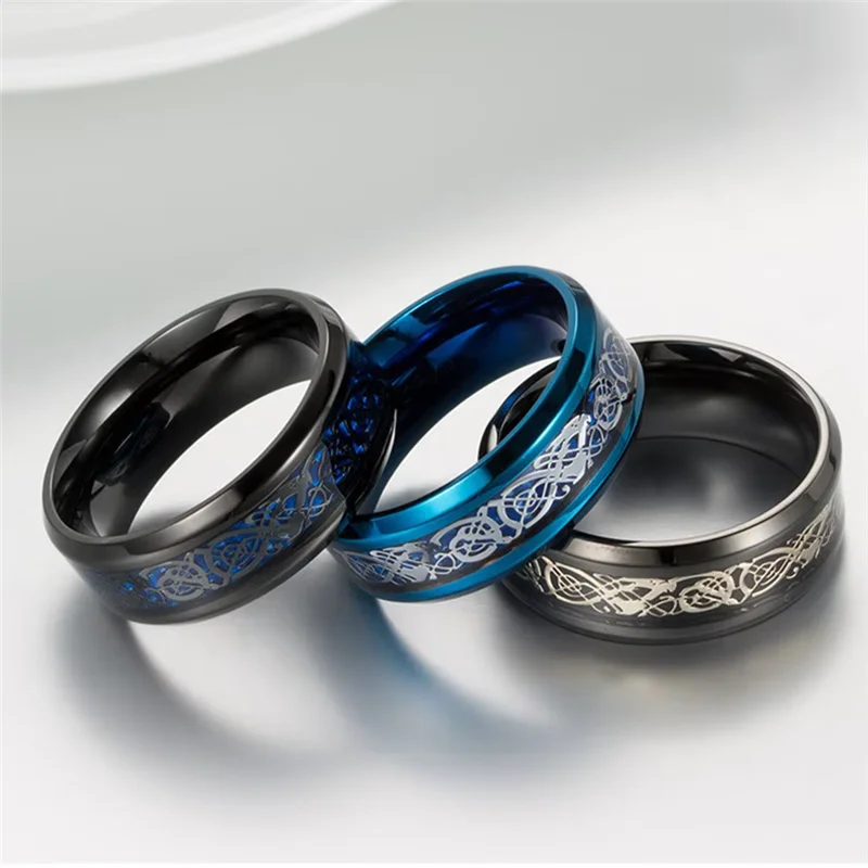 Classic Black Tungsten Stainless Steel Celtic Dragon Ring for Couple Fashion 8mm Red Blue Carbon Fiber Rings Men Knuckle Jewelry