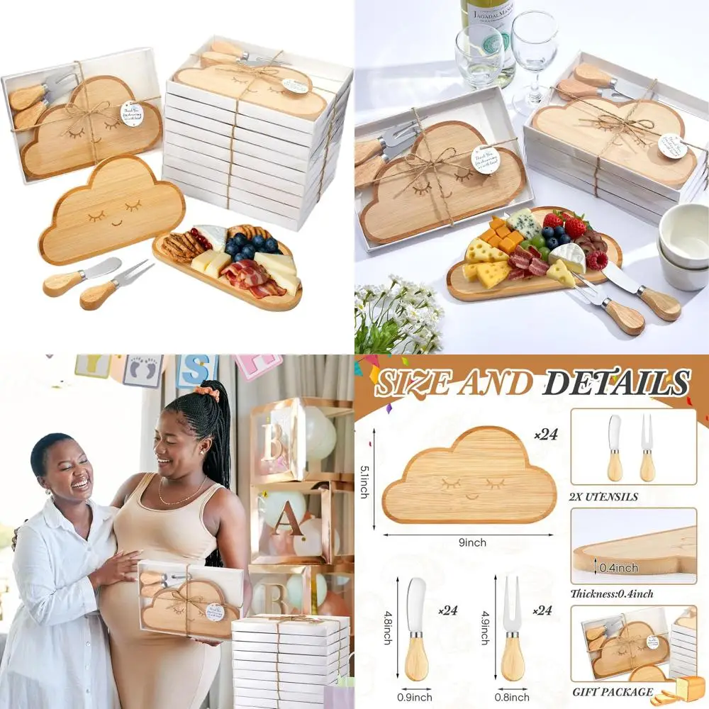 

Cloud-Shaped Mini Cheese Boards with Knives, Forks, and Gift Tags for Baby Shower Favors