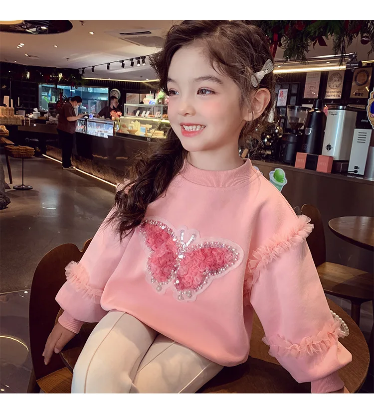 Herbst Kinder Mädchen Sweatshirts Schwestern Partnerlook Baumwollkleidung Pailletten Schmetterling Rüschenbesatz Langarm Rundhals Pullover Tops – Detail 5