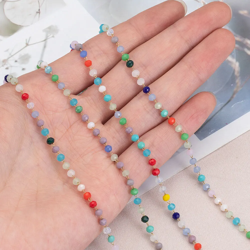1meter Stone Stainless Steel Chain Muti-color Crystal Beaded Chains Link for DIY Jewelry Making Necklace Bracelet Findings
