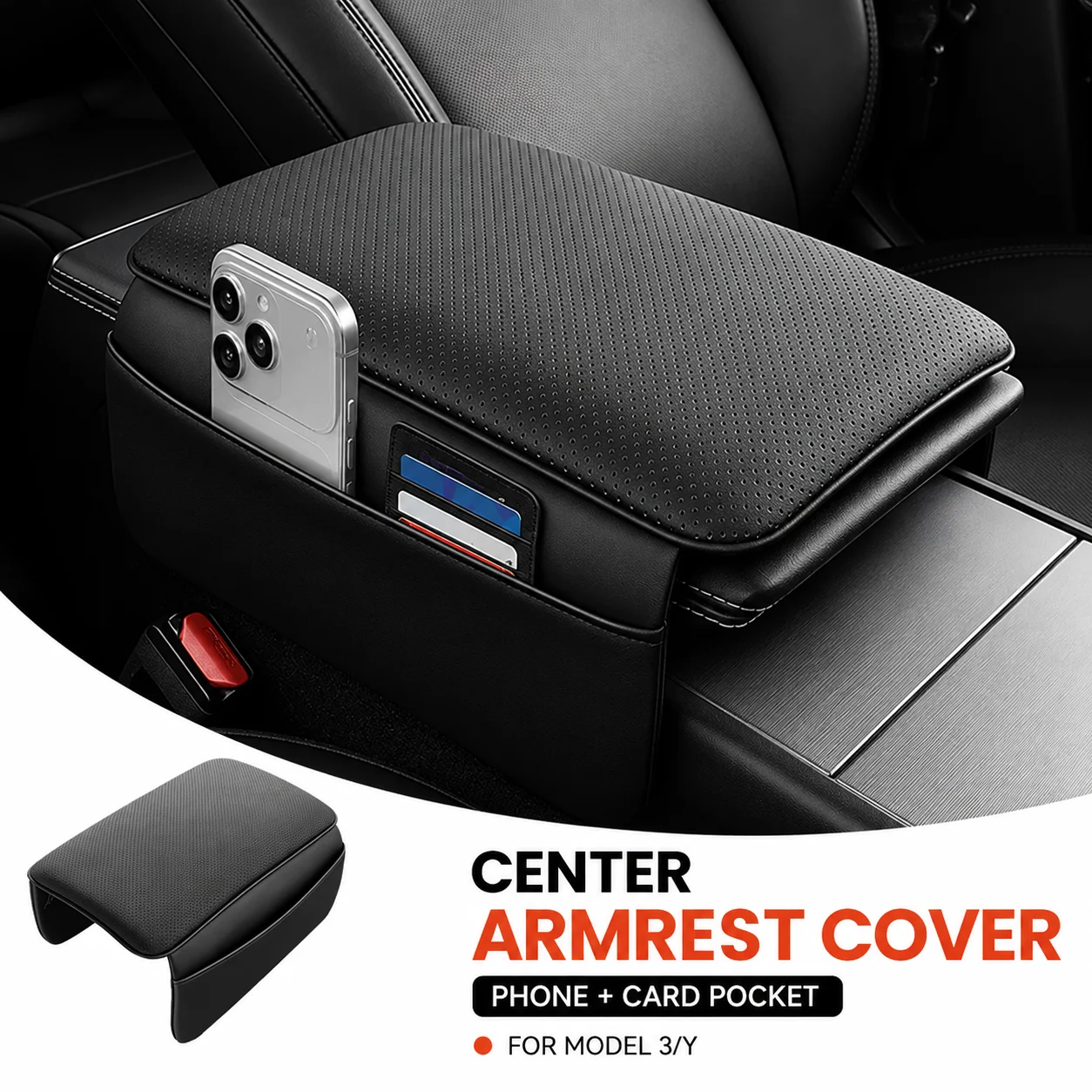 Soft Leather Center Console Armrest Cover with Storage Compatible with Model 3 Highland / Model Y Juniper 2026 Anti-Scratch Pad