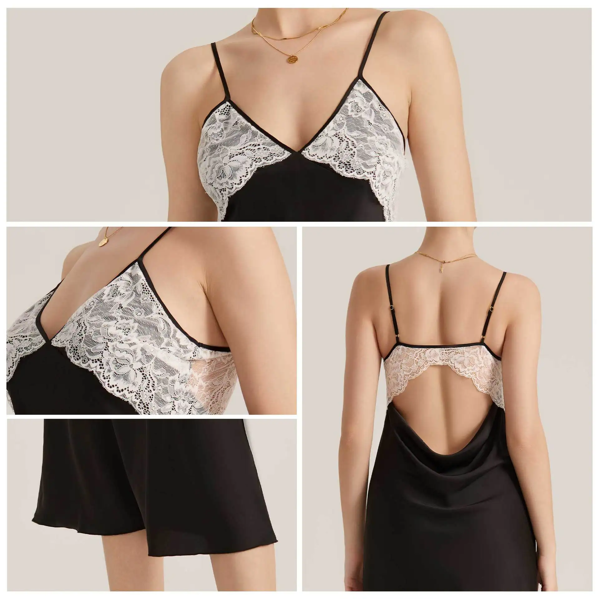 Female Long Nightgown Chemise Sleepwear Sexy Lace Applique Backless Lingerie Nightdress Ice Silk Nightwear