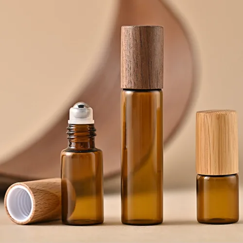 1x10x3ml 5ml 10ml botellas enrollables de vidrio transparente ámbar tapa de madera de bambú Natural viales de bola de rodillo de muestra para Perfume de aceite esencial