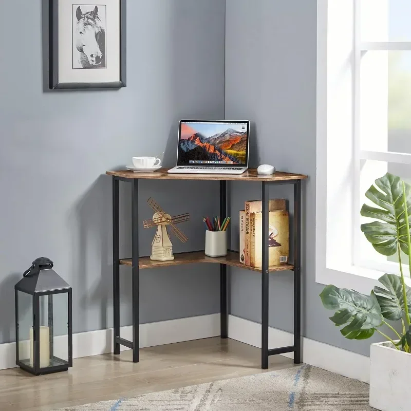 Small Corner Computer Desk 33 x 23 inches with Storage Shelves for Small Spaces,Triangular Shape,Brown