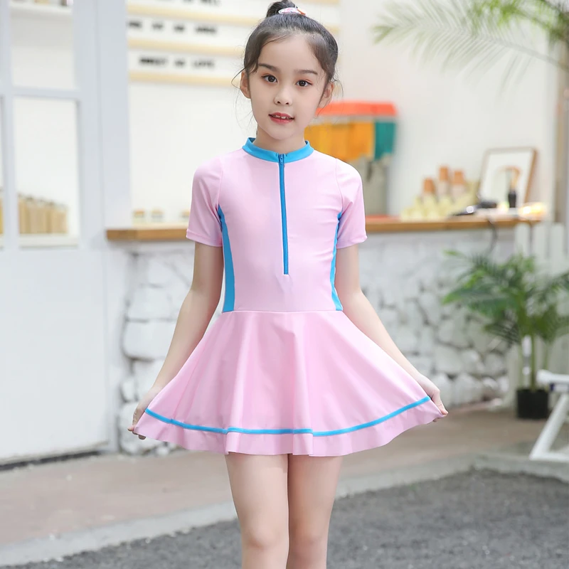 Цельный купальник для девочек, купальник на молнии с короткими рукавами, юбка для летних каникул со встроенными шортами, пляжная одежда, платье для плавания, купальные костюмы