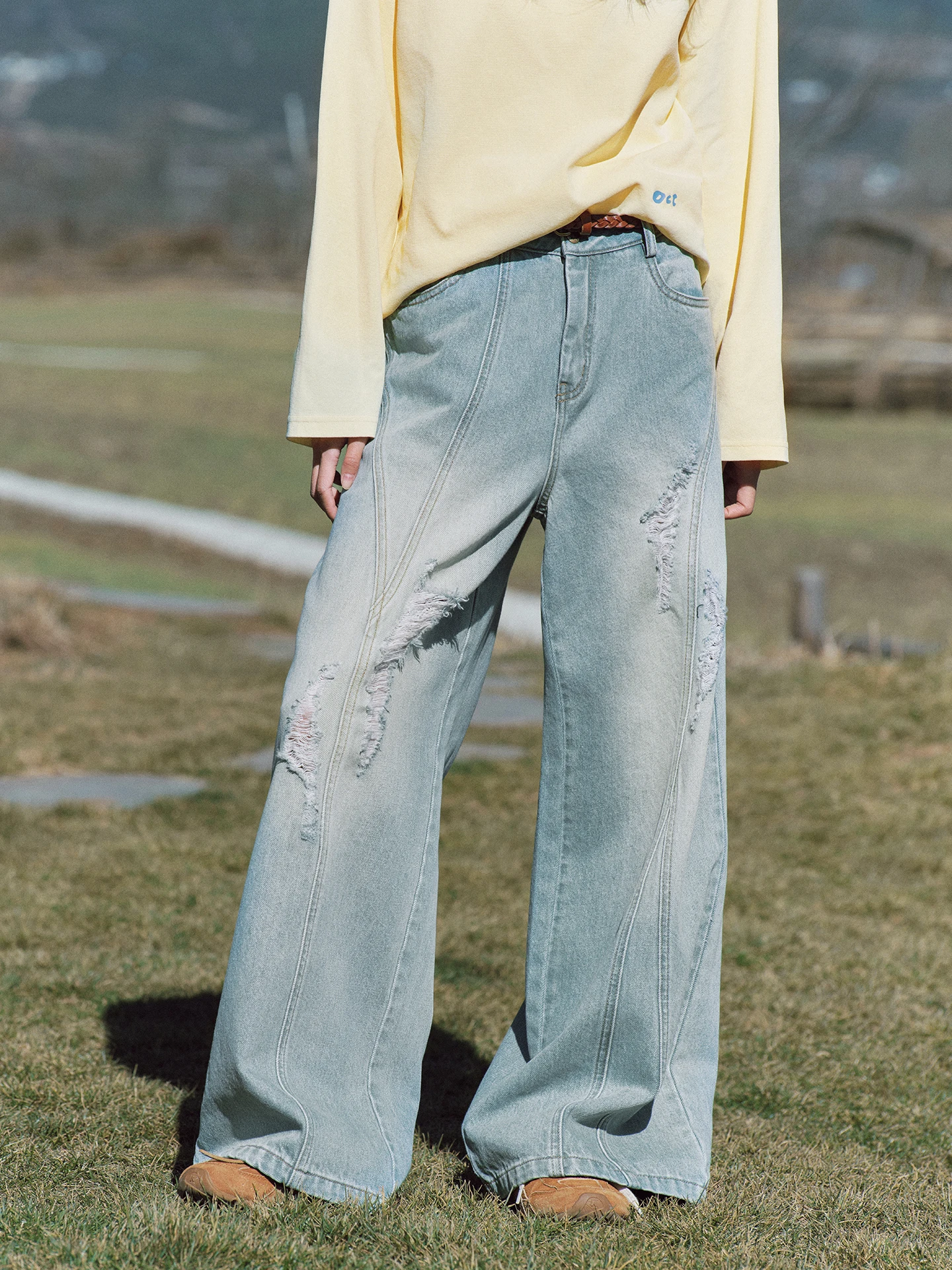 

Octopusme Vintage Distred Wide Leg Jeans Women's Spring Break Hole Ripped Denim Pants Loose Fit Straight Cut l Waist